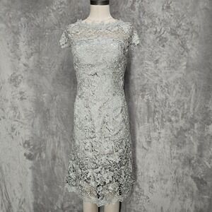 Zapaka Lace Sheath Dress Women 8 Silver Grey Cap Sleeve Floral Cocktail‎ Retro